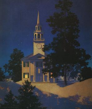 Maxfield Parrish : Peaceful Night  Church at Norwich, Vermont